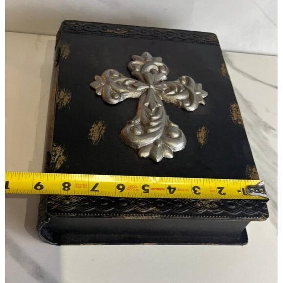 Vintage Bible Iron Case Black with Silver Cross Religious Decorative Storage Box - Picture 5 of 7